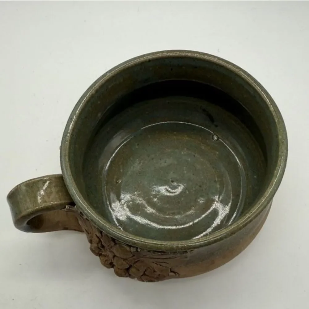Handmade Studio Pottery Soup Mug Tallan Green Glaze Rustic Flowers Leaves Signed
